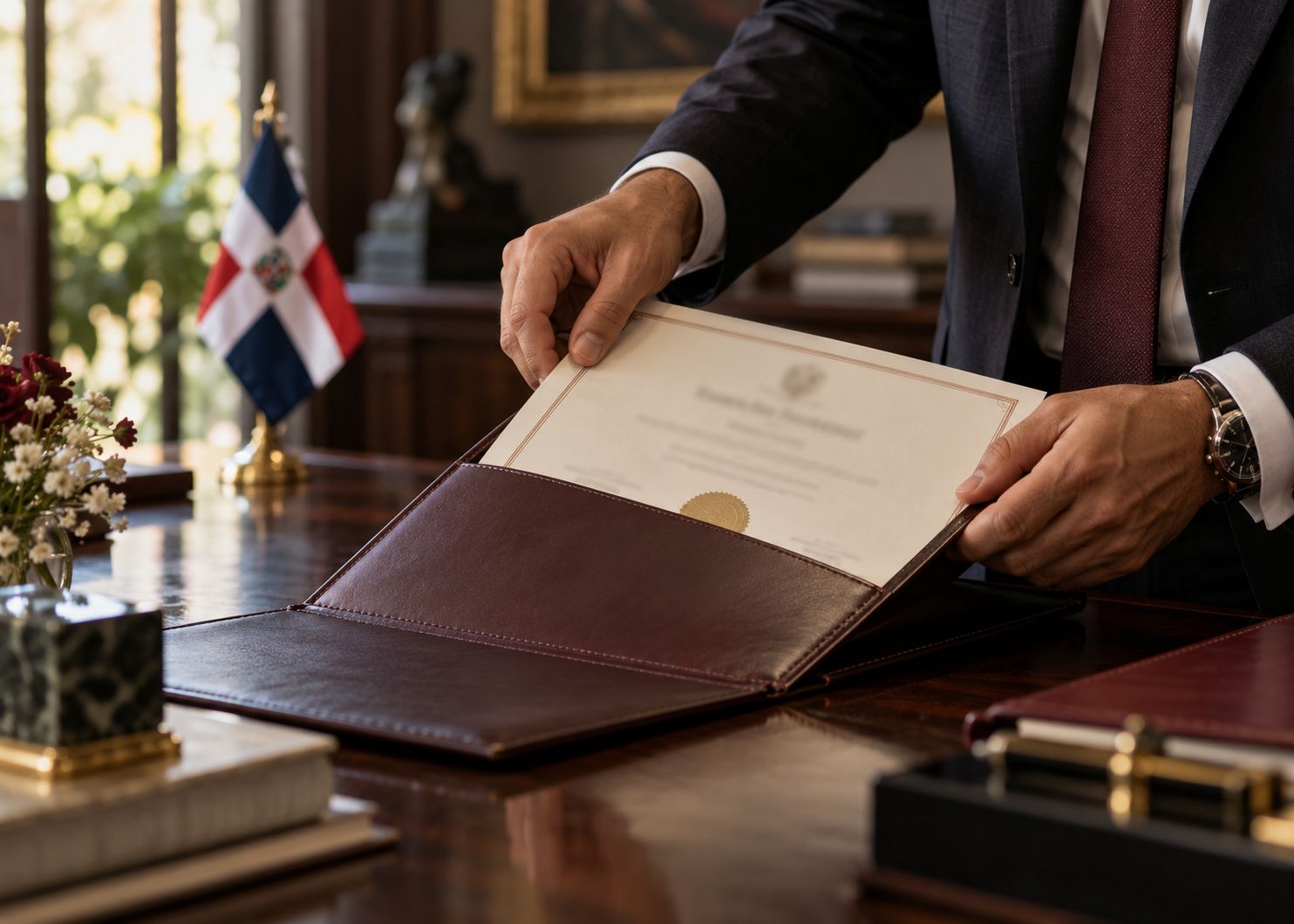Certificado de registro dentro de una carpeta de cuero.
