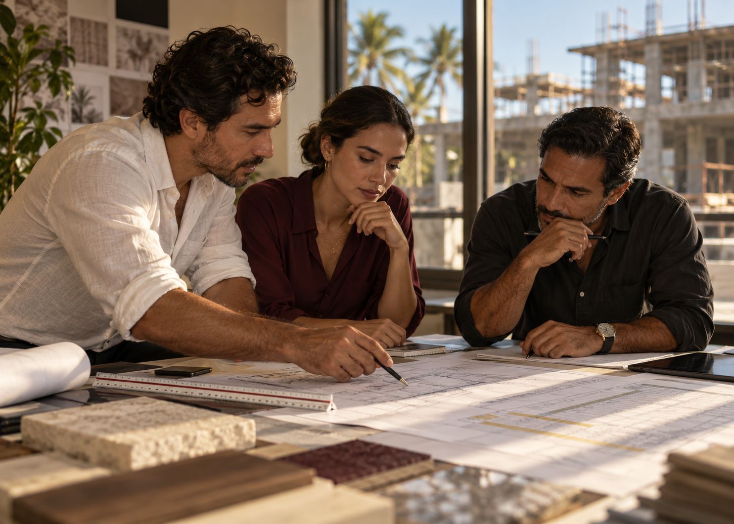 Equipo revisando planos y presupuesto de una obra.