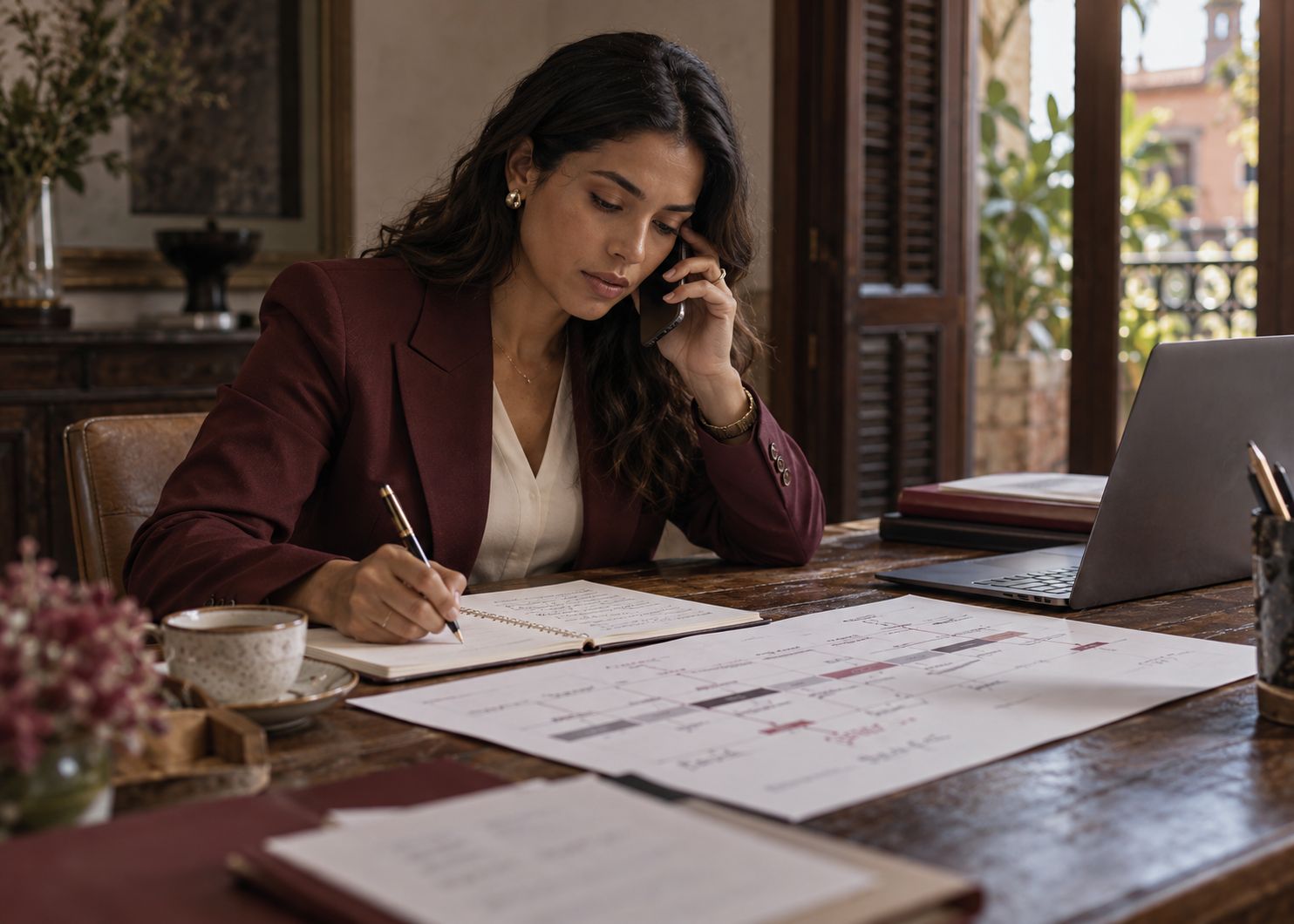 Consultora al teléfono anotando fechas del cronograma.