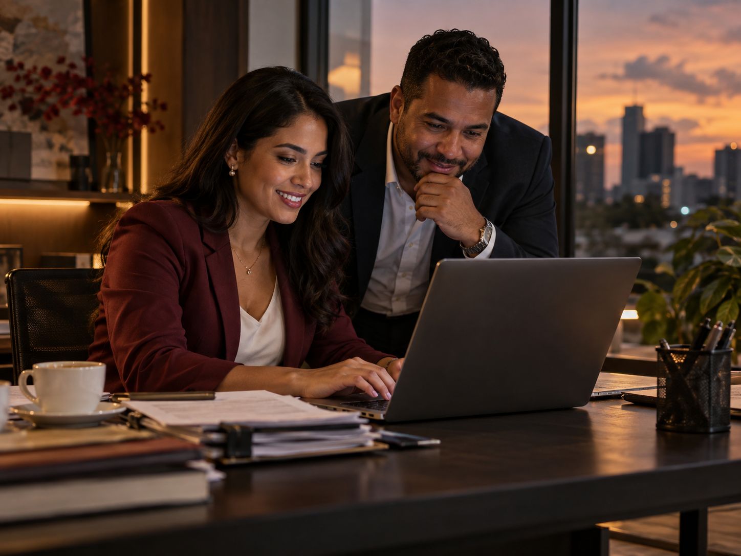 Dos consultores revisando la presentación de una oferta en una laptop.